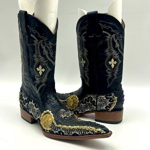 BOTAS 8 SEGUNDOS MENS SIZE 8 WESTERN COWBOY BLACK GOLD EMBROIDERED GRAPHIC BOOT